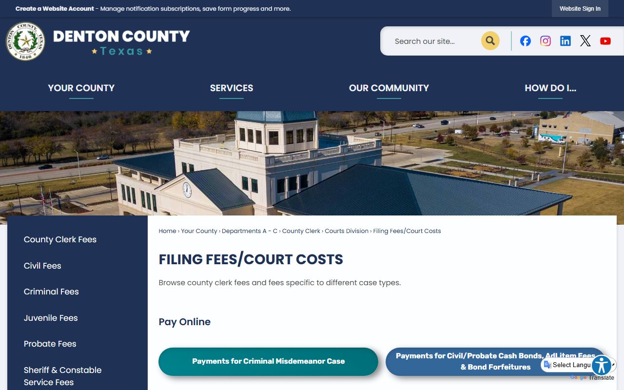 Denton County Clerk filing fees and court costs page for official records