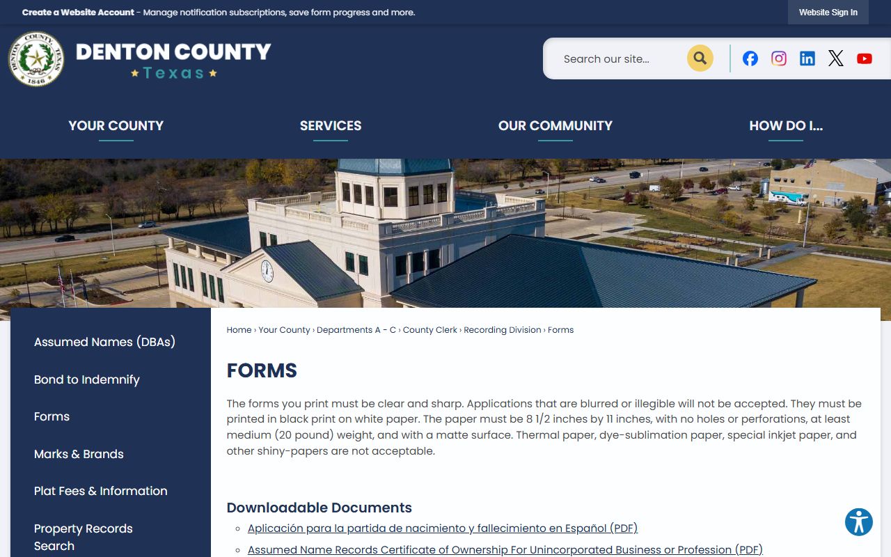 Denton County Clerk recording division forms page for official records copy requests