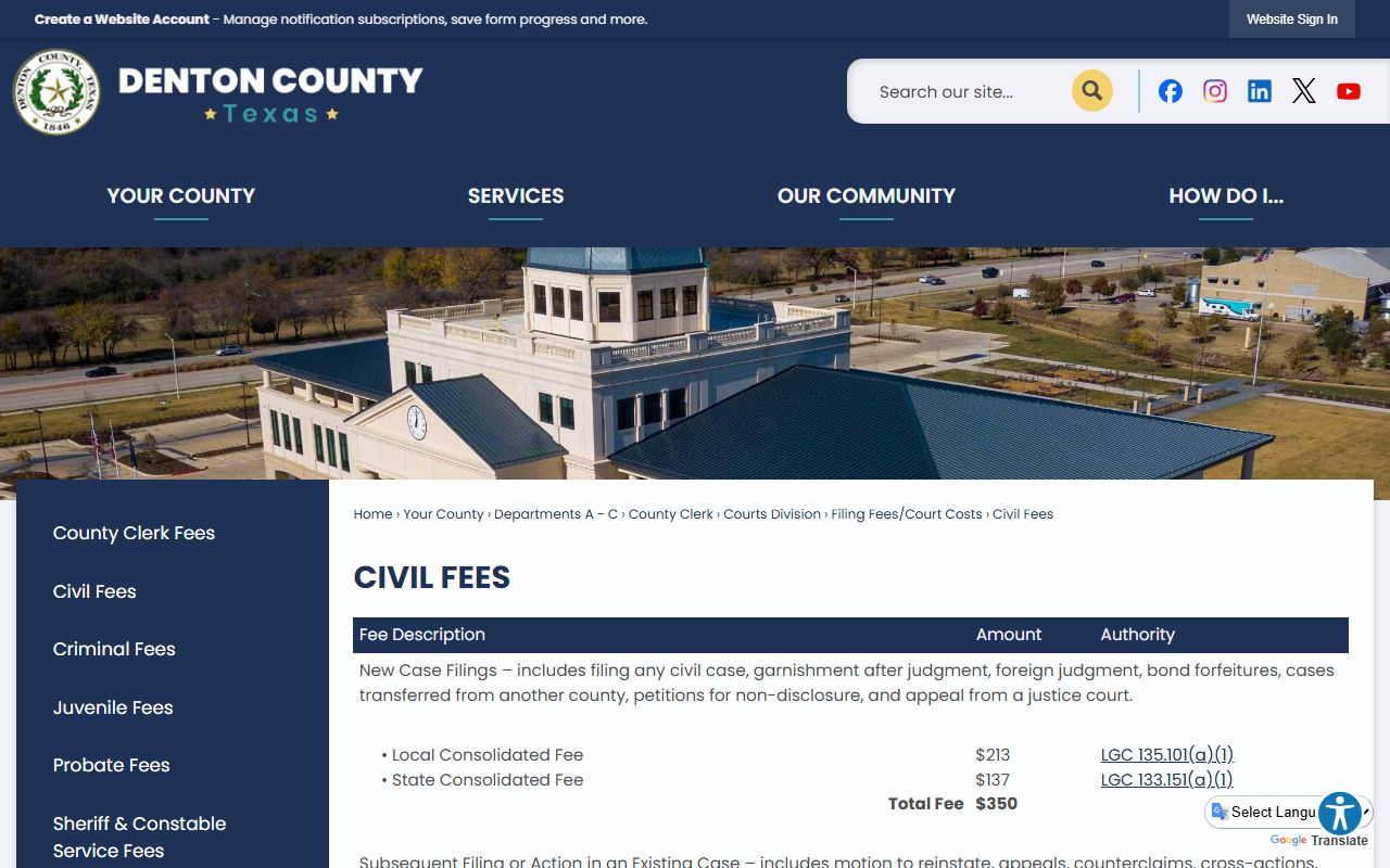 Denton County Clerk civil fees page listing court records charges