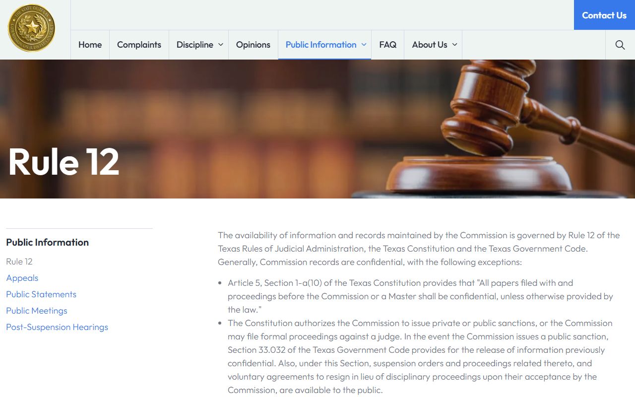 Denton County district court Rule 12 judicial records page from the State Commission on Judicial Conduct