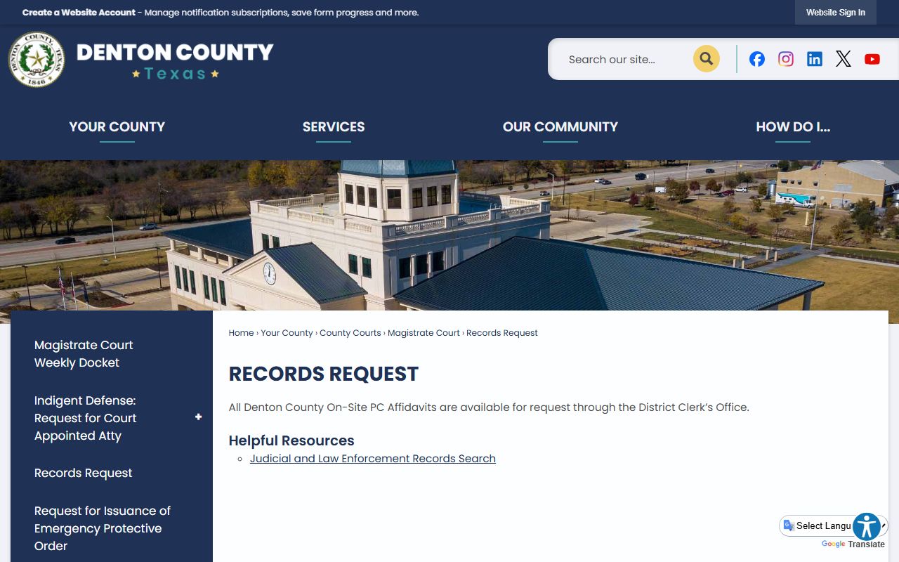 Denton County court records magistrate records request page