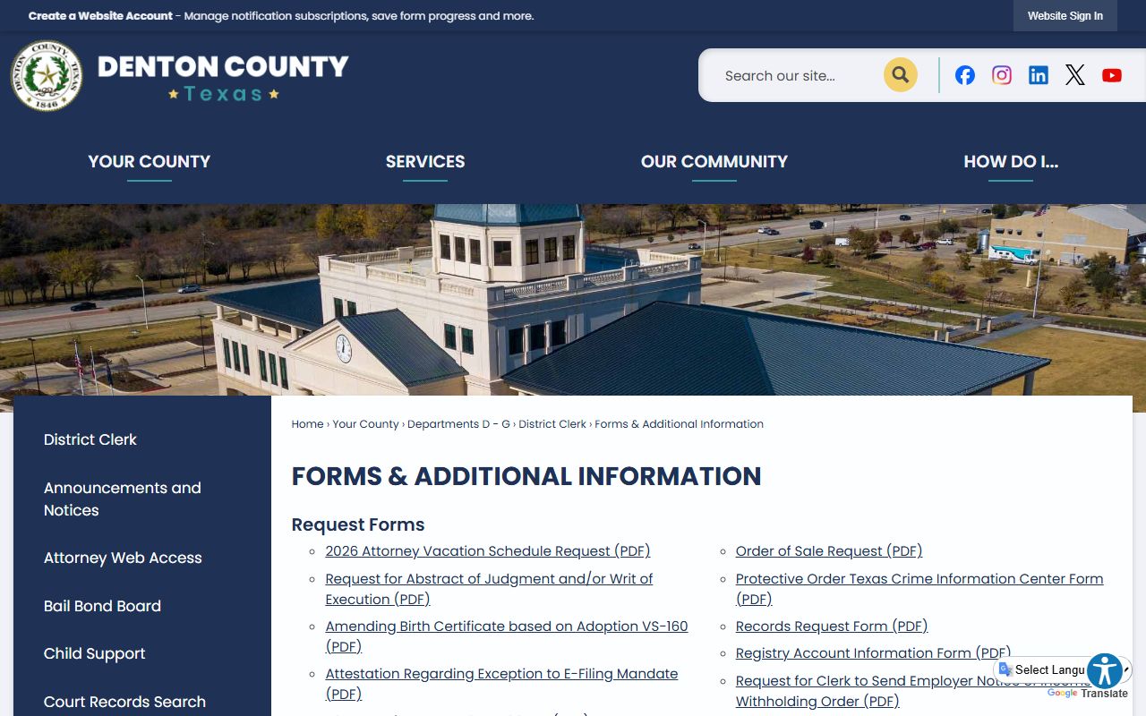 Denton County District Clerk forms and additional information court records page