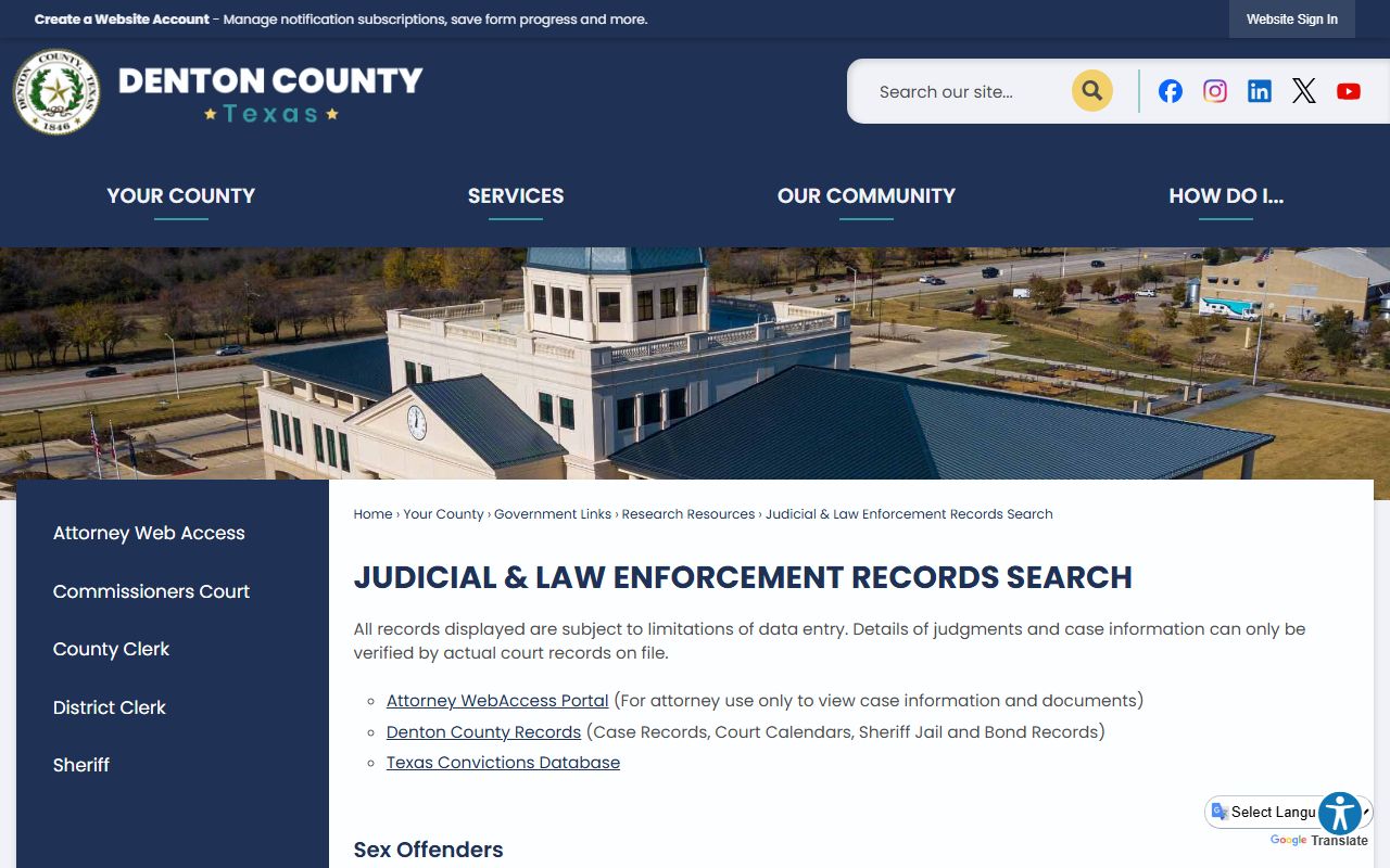 Denton County court records search gateway page