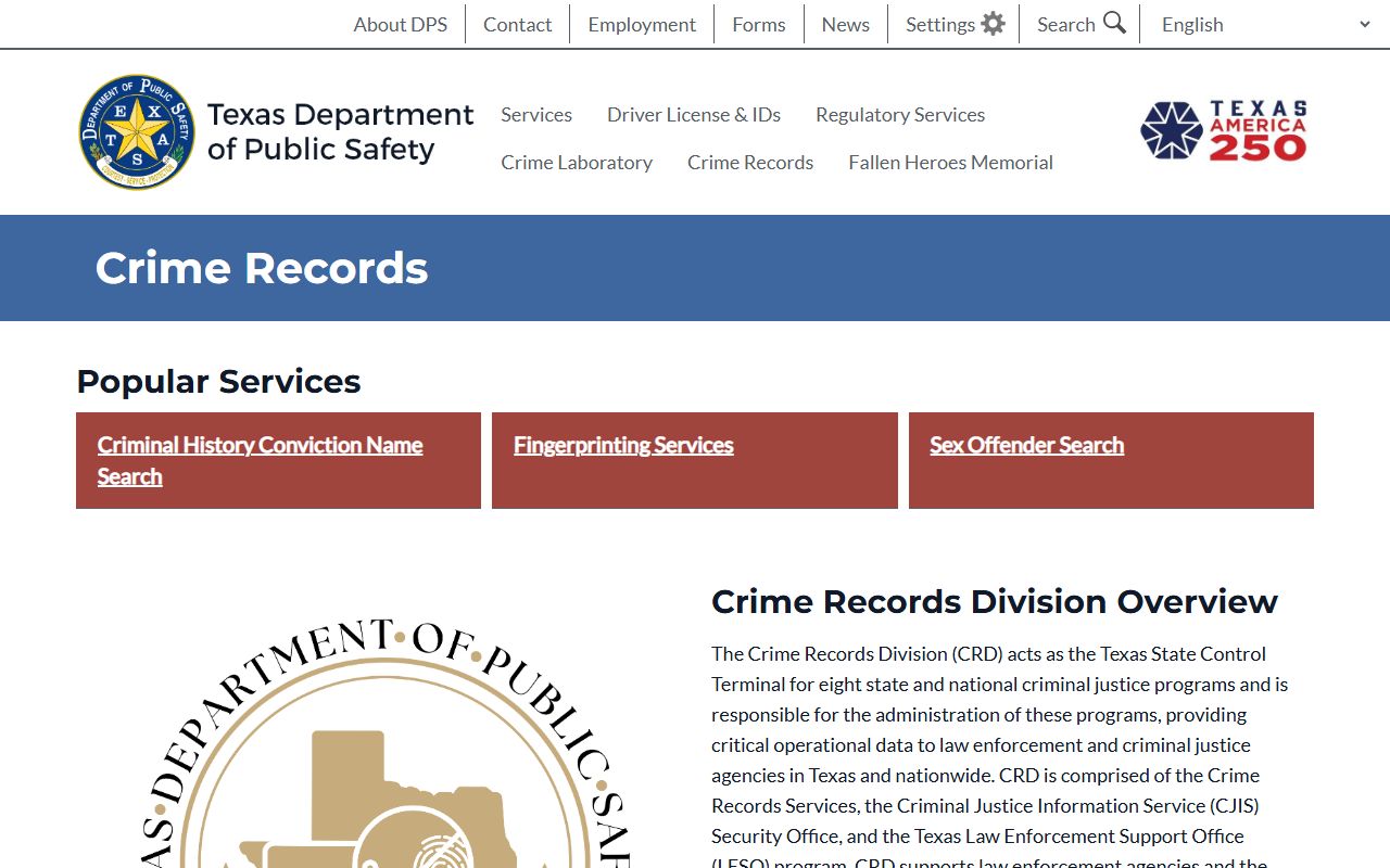 Denton County arrest records and Texas DPS Crime Records criminal history page