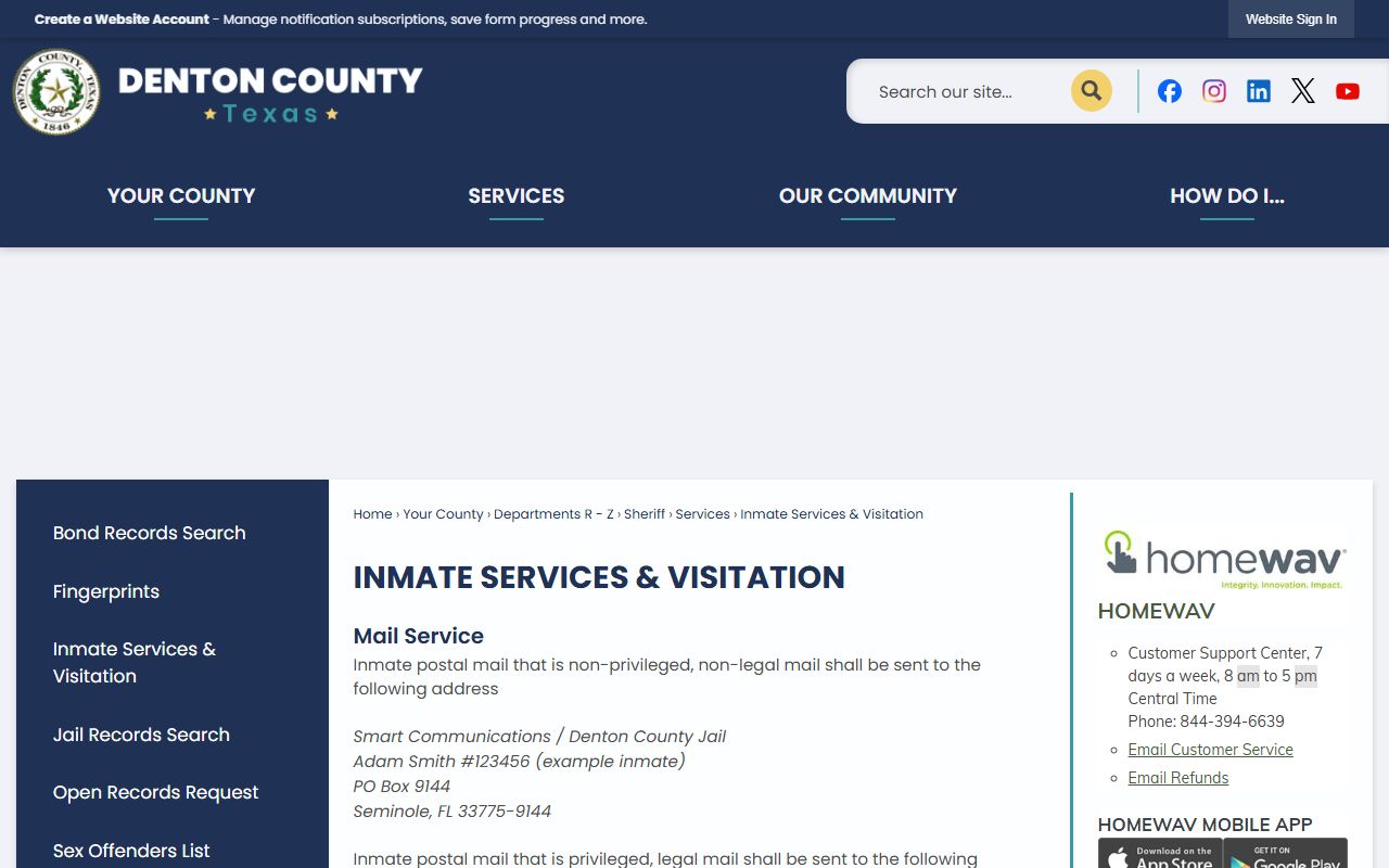 Denton County inmate services visitation mail and commissary page