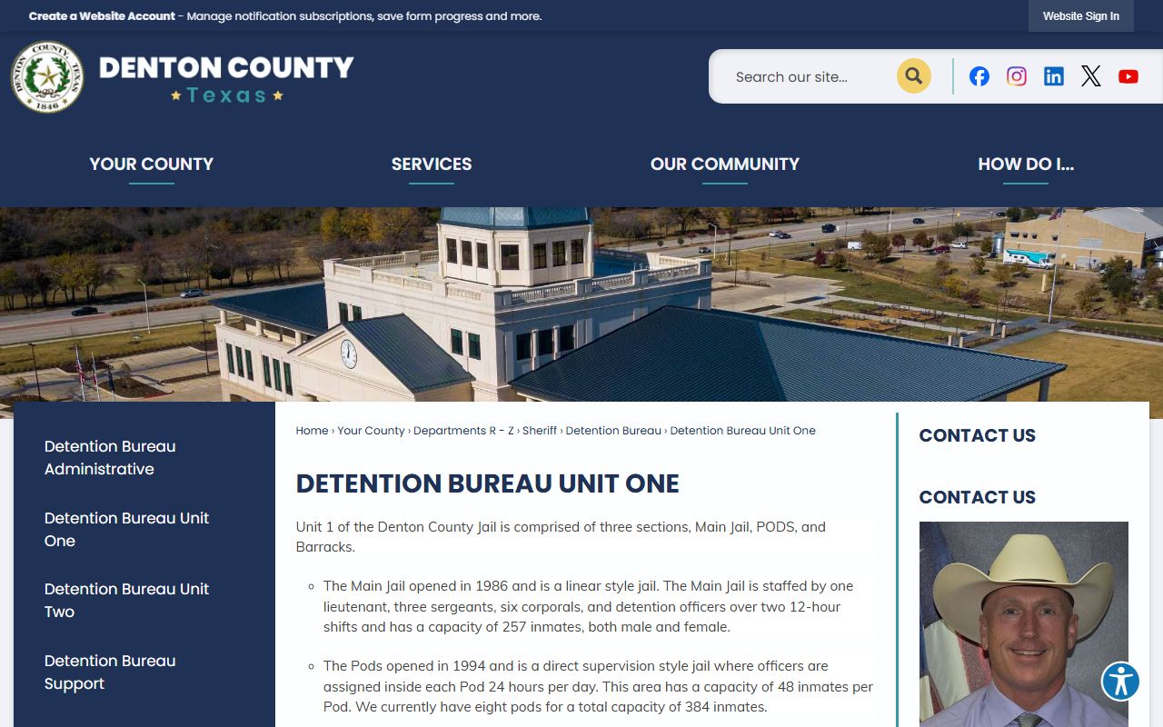 Denton County inmate Unit One jail Main Jail and PODS booking page